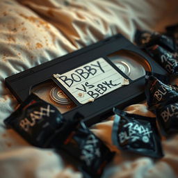 A close-up view of a vintage VHS tape with a handwritten label reading 'BOBBY VS BBC'