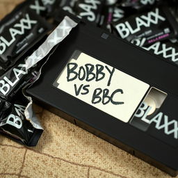 A close-up view of a vintage VHS tape with a handwritten label that reads 'BOBBY VS BBC'