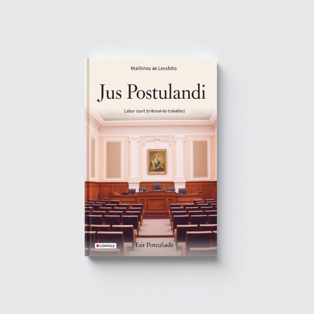 A book cover design for a legal title 'Jus Postulandi', featuring a photo of a labor court (tribunal do trabalho) in soft pastel colors