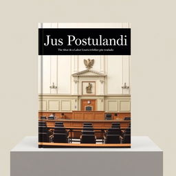 A book cover design for a legal title 'Jus Postulandi', featuring a photo of a labor court (tribunal do trabalho) in soft pastel colors