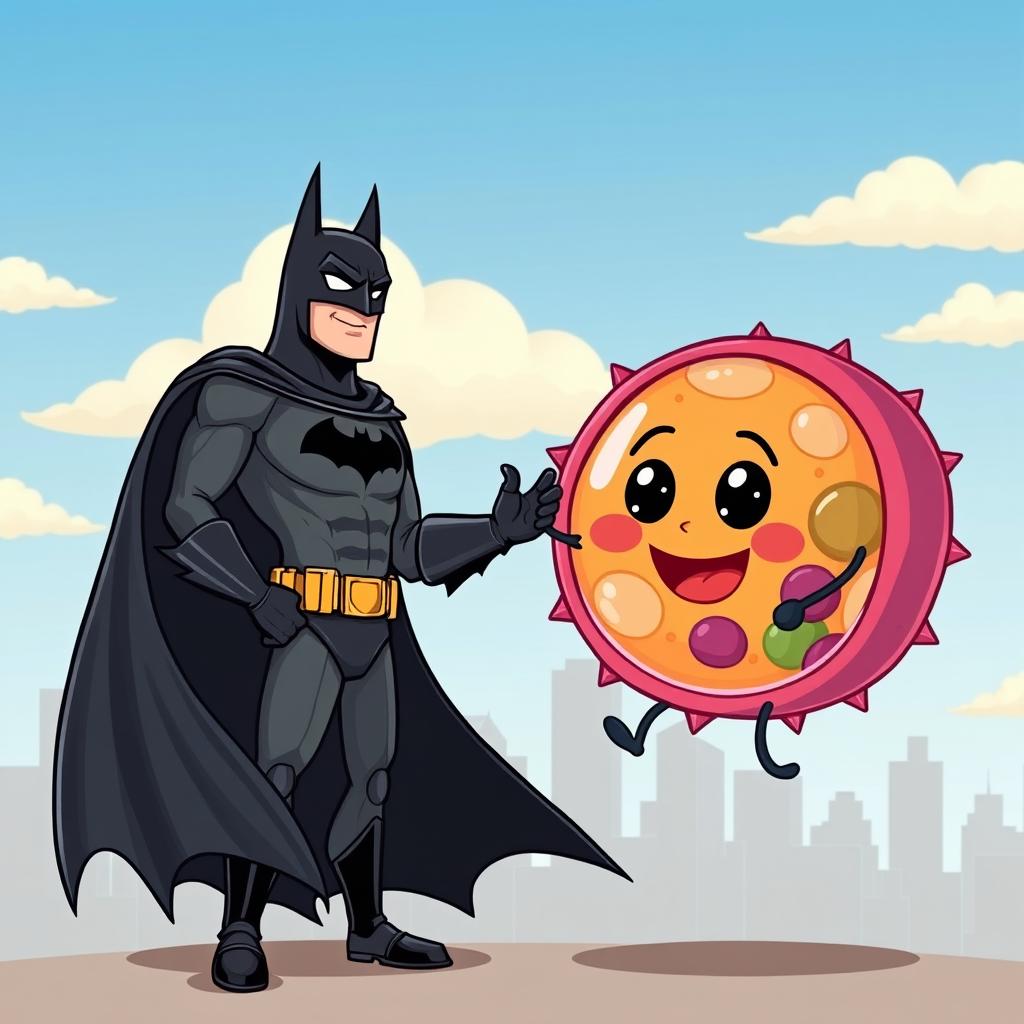 A whimsical and imaginative scene featuring Batman, dressed in his iconic black suit and cape, greeting a cartoonish animal cell