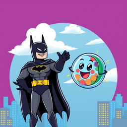 A whimsical and imaginative scene featuring Batman, dressed in his iconic black suit and cape, greeting a cartoonish animal cell