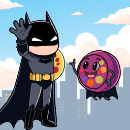 A whimsical and imaginative scene featuring Batman, dressed in his iconic black suit and cape, greeting a cartoonish animal cell