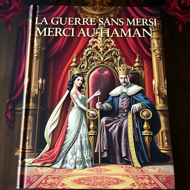 A captivating book cover featuring a regal scene where a powerful queen stands confidently as she receives the royal cane from a benevolent king seated majestically on a large throne