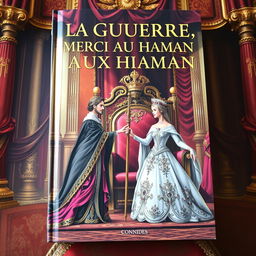 A captivating book cover featuring a regal scene where a powerful queen stands confidently as she receives the royal cane from a benevolent king seated majestically on a large throne