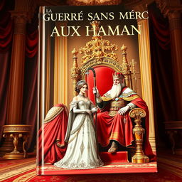 A captivating book cover featuring a regal scene where a powerful queen stands confidently as she receives the royal cane from a benevolent king seated majestically on a large throne