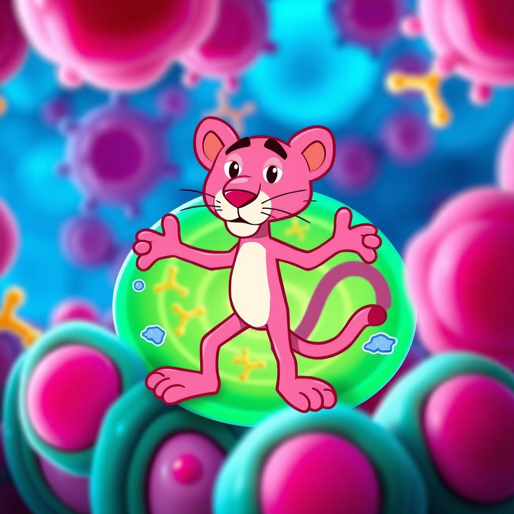 A vibrant and artistic representation of a pink panther character, creatively integrated with the concept of a cellular membrane