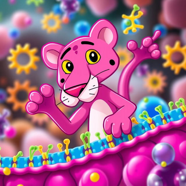 A vibrant and artistic representation of a pink panther character, creatively integrated with the concept of a cellular membrane