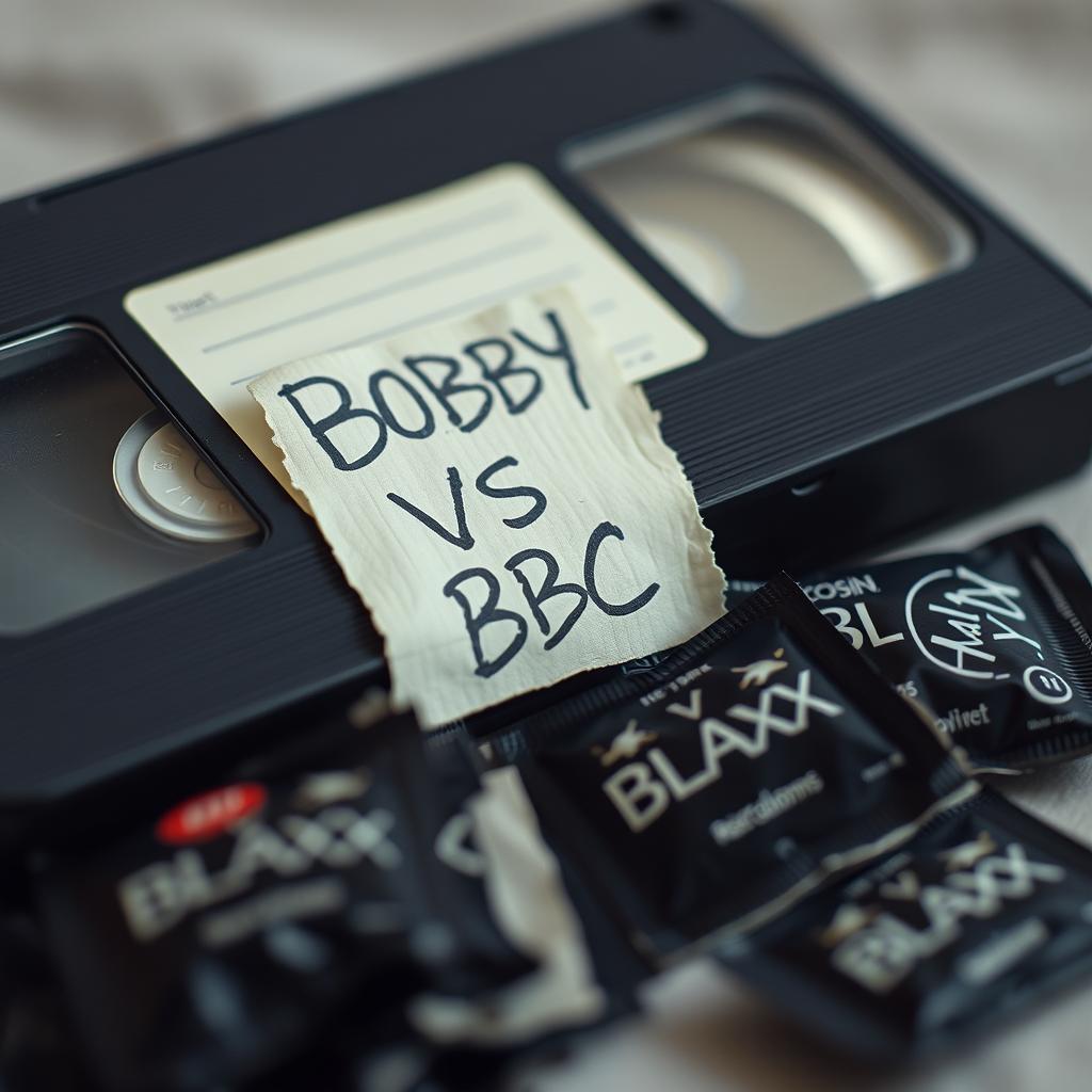 A close-up shot featuring a vintage VHS tape with a handwritten label that reads "BOBBY VS BBC" prominently displayed