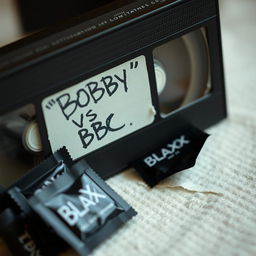 A close-up shot featuring a vintage VHS tape with a handwritten label that reads "BOBBY VS BBC" prominently displayed