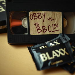 A close-up shot featuring a vintage VHS tape with a handwritten label that reads "BOBBY VS BBC" prominently displayed