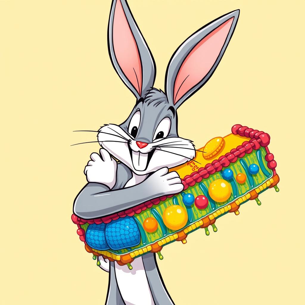 A whimsical and vibrant illustration of Bugs Bunny, the beloved cartoon character, playfully embracing a detailed and colorful cell membrane