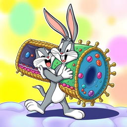 A whimsical and vibrant illustration of Bugs Bunny, the beloved cartoon character, playfully embracing a detailed and colorful cell membrane