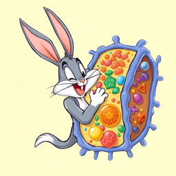 A whimsical and vibrant illustration of Bugs Bunny, the beloved cartoon character, playfully embracing a detailed and colorful cell membrane