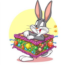 A whimsical and vibrant illustration of Bugs Bunny, the beloved cartoon character, playfully embracing a detailed and colorful cell membrane