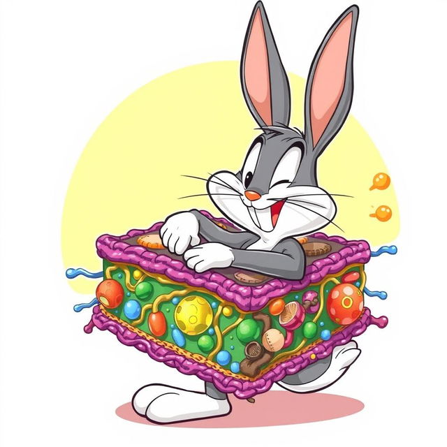 A whimsical and vibrant illustration of Bugs Bunny, the beloved cartoon character, playfully embracing a detailed and colorful cell membrane