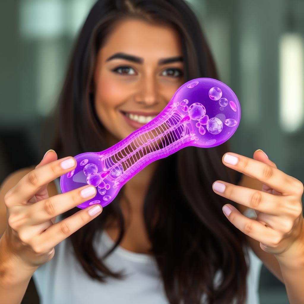 A young woman with long dark hair, inspired by Olivia Rodrigo's style, holding a purple cell membrane with both hands