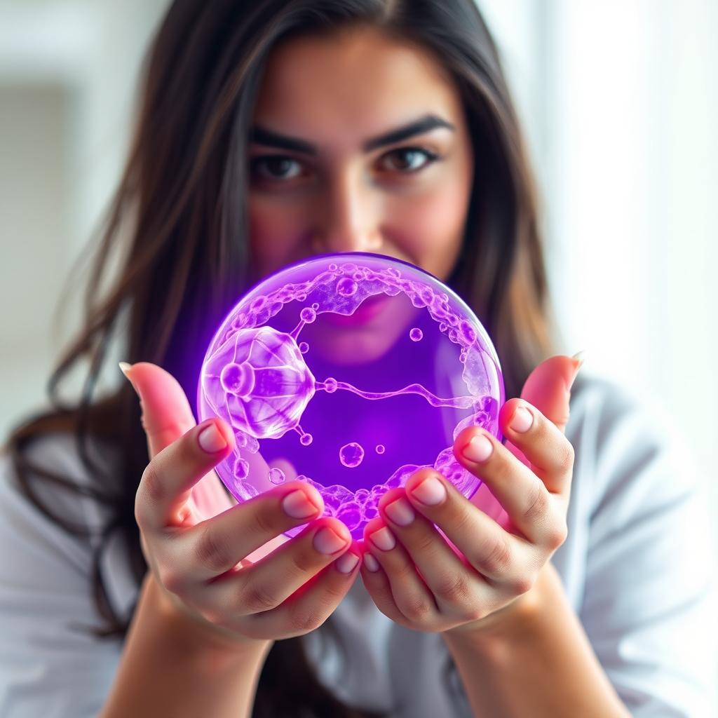 A young woman with long dark hair, inspired by Olivia Rodrigo's style, holding a purple cell membrane with both hands