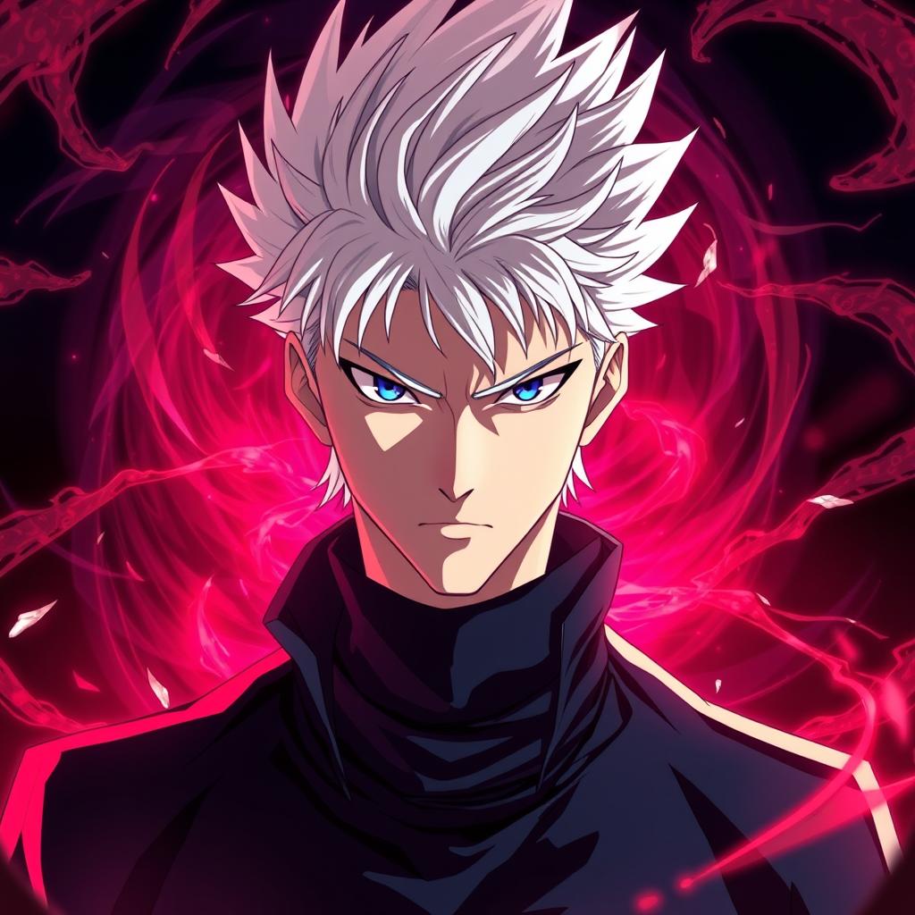 A striking portrait of Satoru Gojo, a character from anime and manga, featuring his signature spiky white hair and deep blue eyes