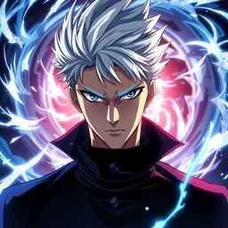 A striking portrait of Satoru Gojo, a character from anime and manga, featuring his signature spiky white hair and deep blue eyes