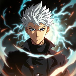 A striking portrait of Satoru Gojo, a character from anime and manga, featuring his signature spiky white hair and deep blue eyes