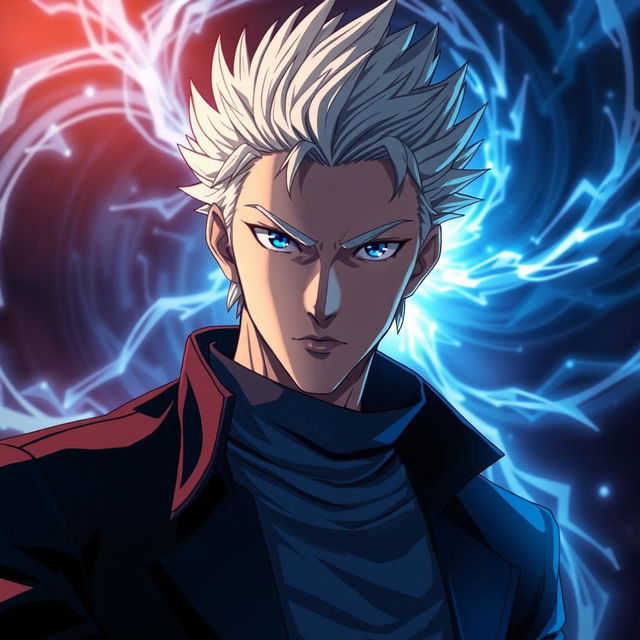 A striking portrait of Satoru Gojo, a character from anime and manga, featuring his signature spiky white hair and deep blue eyes