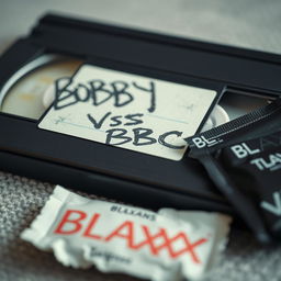 A close-up shot featuring a VHS tape with a handwritten label that reads 'BOBBY VS BBC'