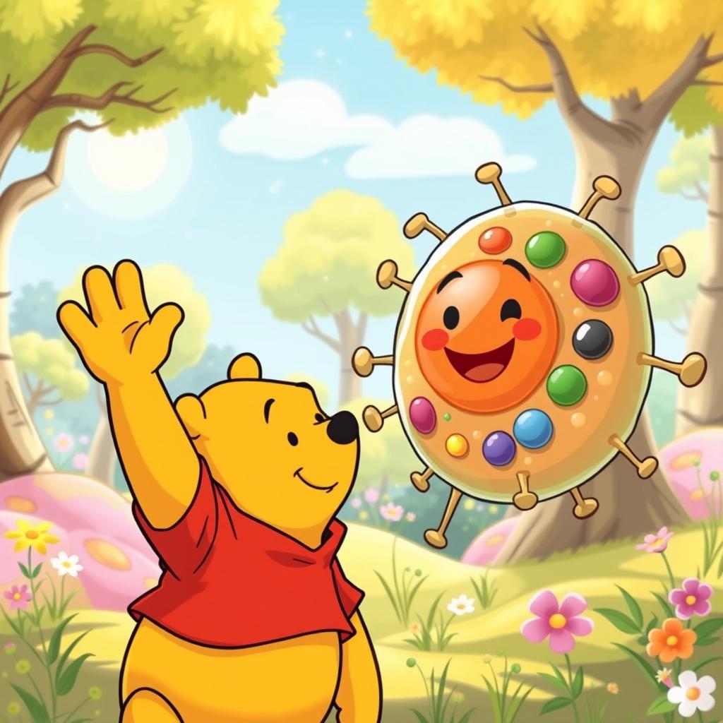 Winnie the Pooh cheerfully waving at a cartoonish, friendly-looking cell with a smiling nucleus and colorful organelles