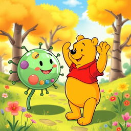 Winnie the Pooh cheerfully waving at a cartoonish, friendly-looking cell with a smiling nucleus and colorful organelles