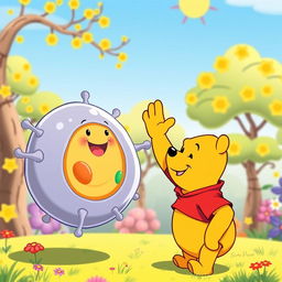 Winnie the Pooh cheerfully waving at a cartoonish, friendly-looking cell with a smiling nucleus and colorful organelles