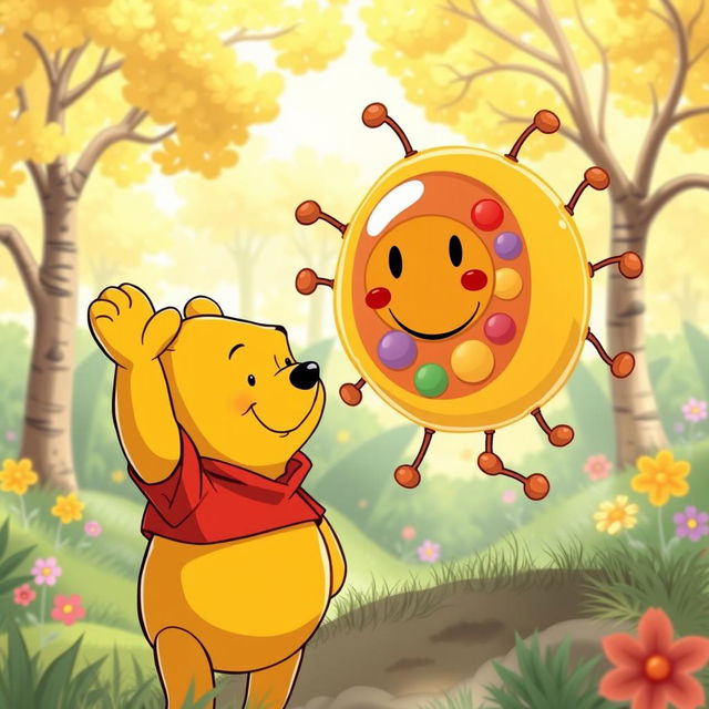 Winnie the Pooh cheerfully waving at a cartoonish, friendly-looking cell with a smiling nucleus and colorful organelles