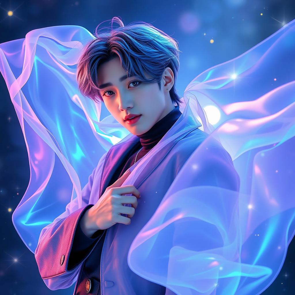 A dynamic and artistic representation of Yeosang from ATEEZ, depicted with an ethereal membrane surrounding him, creating a magical atmosphere