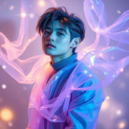 A dynamic and artistic representation of Yeosang from ATEEZ, depicted with an ethereal membrane surrounding him, creating a magical atmosphere