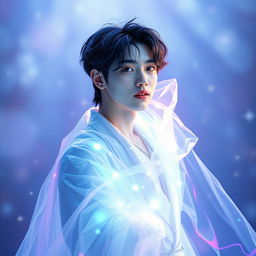 A dynamic and artistic representation of Yeosang from ATEEZ, depicted with an ethereal membrane surrounding him, creating a magical atmosphere