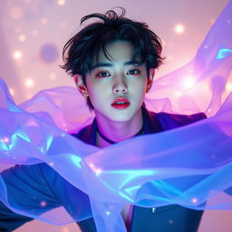 A dynamic and artistic representation of Yeosang from ATEEZ, depicted with an ethereal membrane surrounding him, creating a magical atmosphere