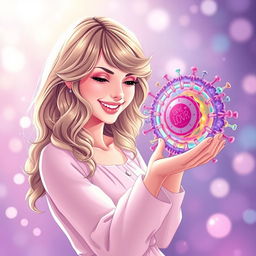 An enchanting illustration of Taylor Swift from her 'Lover' era, joyfully greeting a vibrant and detailed cell membrane