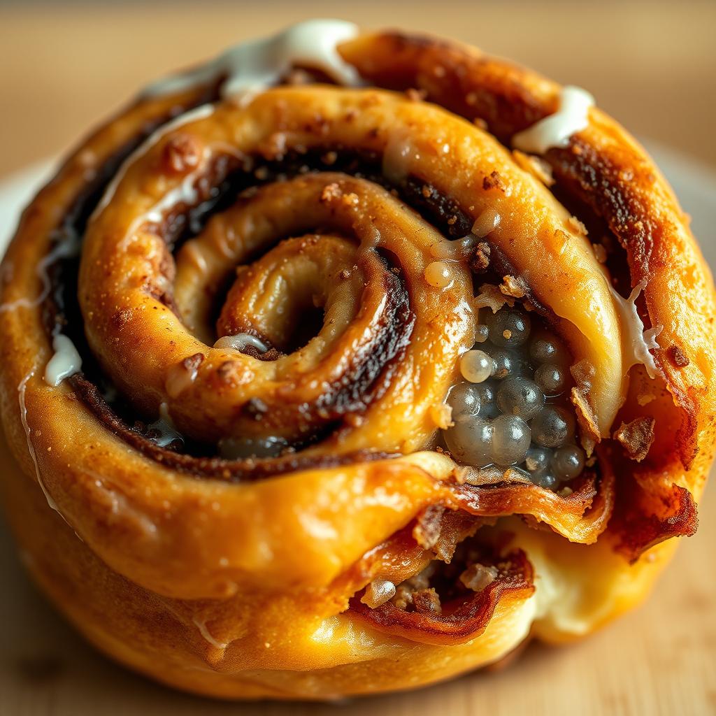 A delicious cinnamon roll with intricate details resembling a cellular membrane, showcasing the unique textures and patterns of both the pastry and a biological cell