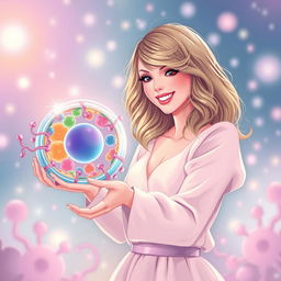 An enchanting illustration of Taylor Swift from her 'Lover' era, joyfully greeting a vibrant and detailed cell membrane