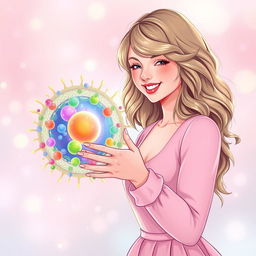 An enchanting illustration of Taylor Swift from her 'Lover' era, joyfully greeting a vibrant and detailed cell membrane