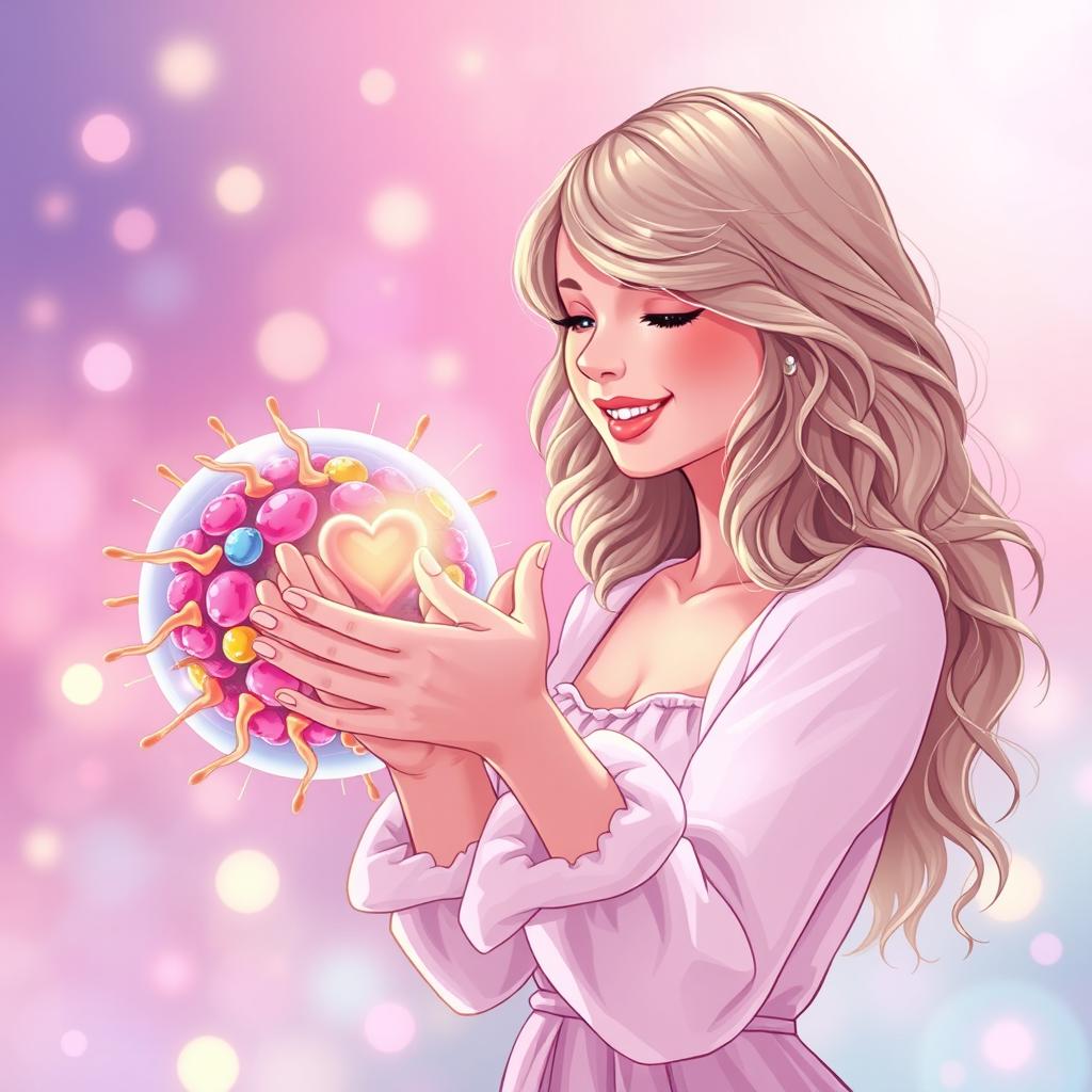 An enchanting illustration of Taylor Swift from her 'Lover' era, joyfully greeting a vibrant and detailed cell membrane