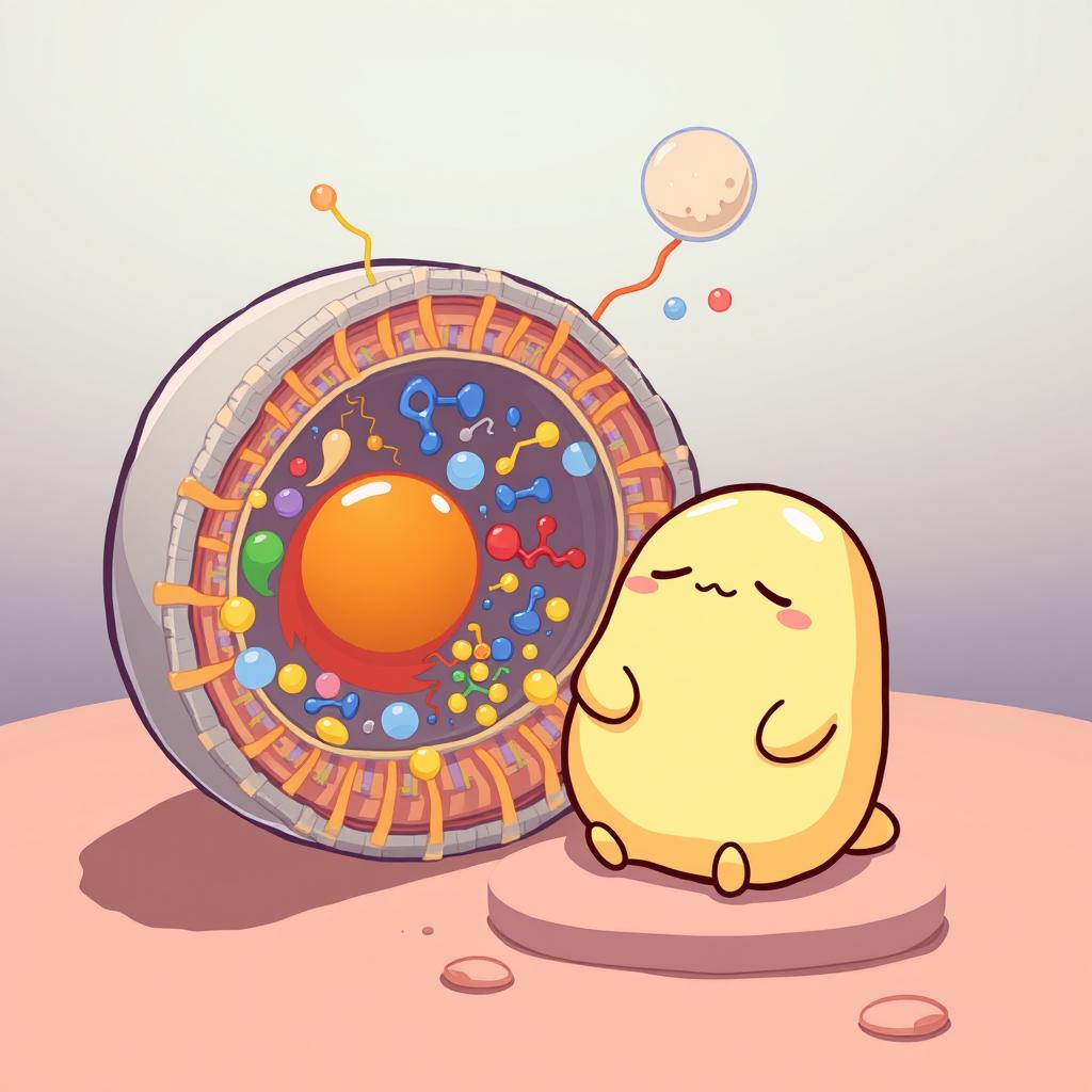 A creative illustration of Gudetama, the lazy egg character, positioned next to a detailed representation of a cell membrane