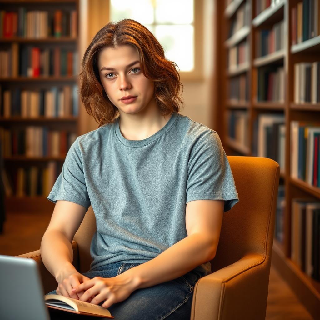 A student with wavy brown hair wearing a gray t-shirt and denim jeans, sitting comfortably in a chair