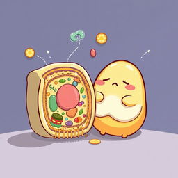 A creative illustration of Gudetama, the lazy egg character, positioned next to a detailed representation of a cell membrane