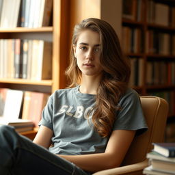 A student with wavy brown hair wearing a gray t-shirt and denim jeans, sitting comfortably in a chair