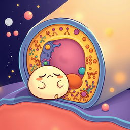 A creative illustration of Gudetama, the lazy egg character, positioned next to a detailed representation of a cell membrane