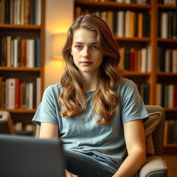 A student with wavy brown hair wearing a gray t-shirt and denim jeans, sitting comfortably in a chair