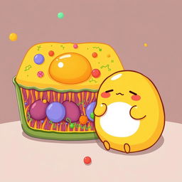 A creative illustration of Gudetama, the lazy egg character, positioned next to a detailed representation of a cell membrane