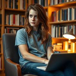 A student with wavy brown hair wearing a gray t-shirt and denim jeans, sitting comfortably in a chair