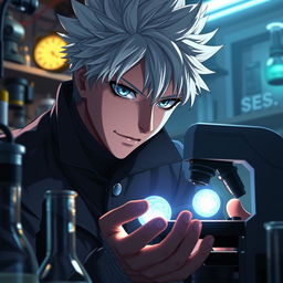 A captivating scene depicting Satoru Gojo, the powerful character from anime, observing a glowing cell under a microscope