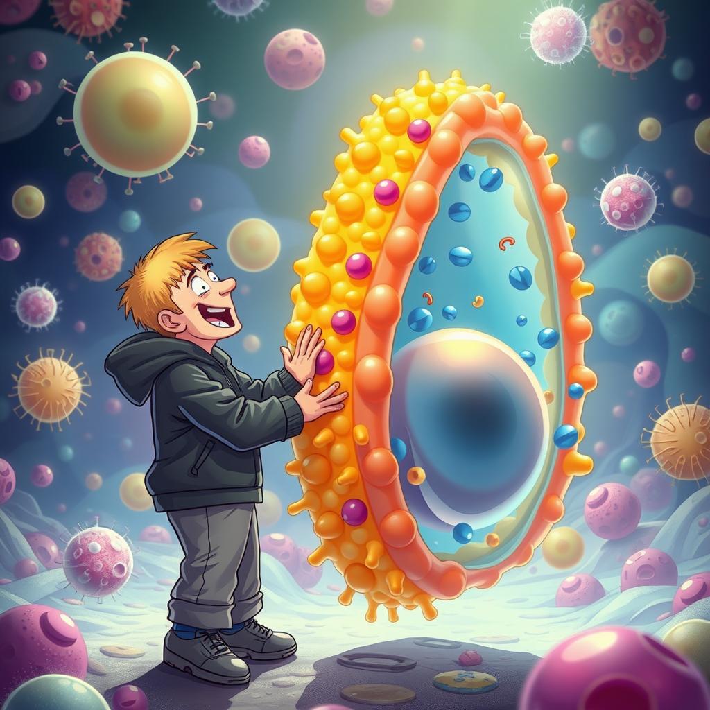 A surreal and imaginative scene featuring Eminem, a famous rapper with distinctive blonde hair and a casual outfit, enthusiastically greeting a large, colorful cell membrane